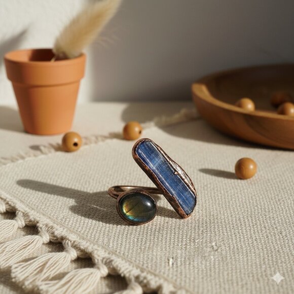 🆕️Boho Chic Labradorite & Kyanite Adjustable Ring | Handmade Statement - Picture 15 of 16